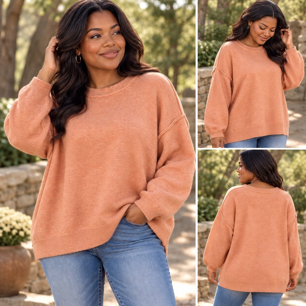 Zenana Oversized Exposed Seam Sweater Women's XS Apricot Melange Mock Neck Soft